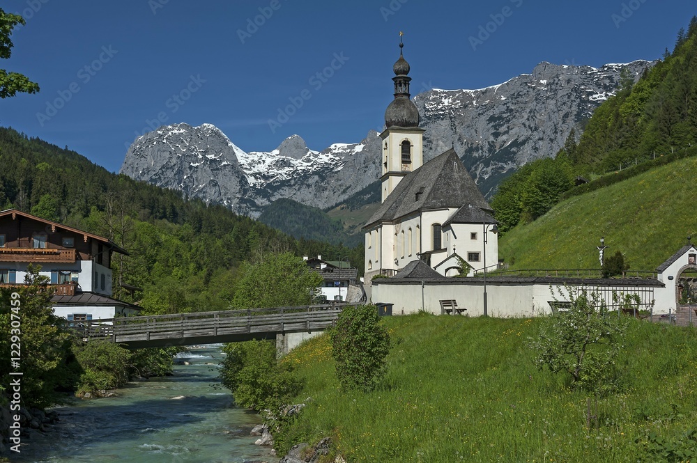 Parish church St. Sebastian with Ramsauer Ache, at back Reiteralpe, Ramsau, Berchtesgadener Land, Upper Bavaria, Germany, Europe Parish church St. Sebastian with Ramsauer Ache, at back Reiteralpe, Ramsau, Berchtesgadener Land, Upper Bavaria, Germany, Europe