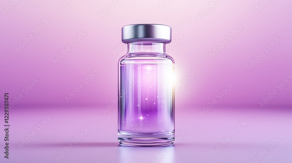 Transparent glass vial with magical glowing liquid on pink gradient background. Concept for medical innovation or fantasy elixirs Transparent glass vial with magical glowing liquid on pink gradient background. Concept for medical innovation or fantasy elixirs
