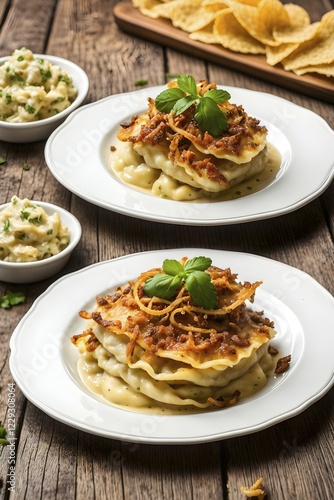 The rustic wooden table groans under the weight of the thick Maultaschen, garnished with golden-yellow, crispy onions, Ai generated photo