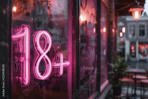 Pink neon light text '18+' glowing in window of bar at night. KI generiert, generiert, AI generated photo