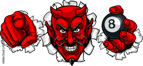 A devil man holding billiards pool 8 black ball, breaking through the background and pointing sports team mascot illustration.