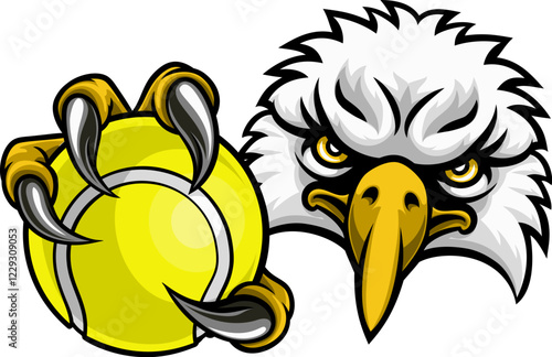 An eagle bird tennis sports mascot cartoon character ripping through the background holding a ball