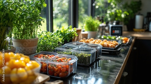 Wallpaper Mural Kitchen counter with meal prep containers filled with healthy food a fitness tracker and a measuring tape representing the commitment to weight control and a healthy lifestyle Torontodigital.ca