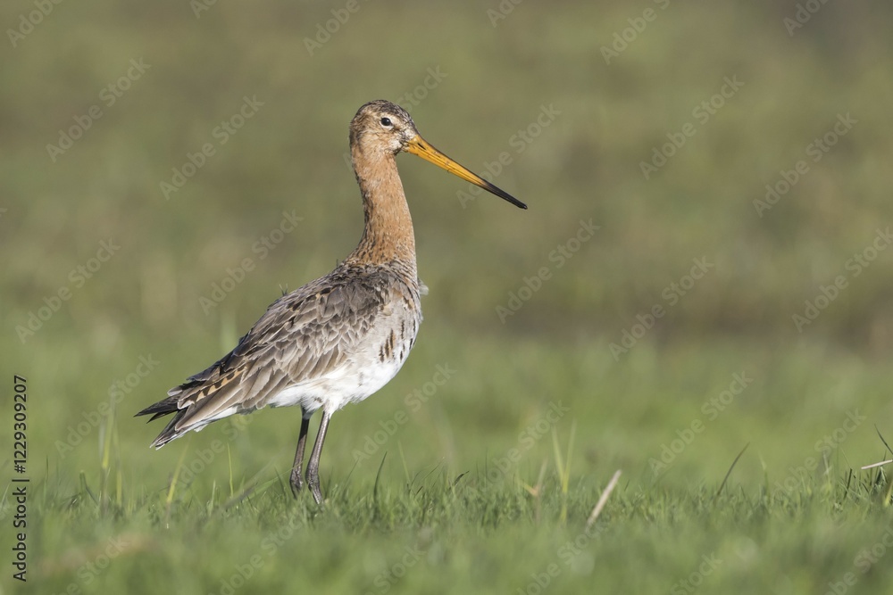 Black-tailed godwit (Limosa limosa), standing in wet meadow, Texel, West Frisian Islands, Province of North Holland, Netherlands Black-tailed godwit (Limosa limosa), standing in wet meadow, Texel, West Frisian Islands, Province of North Holland, Netherlands