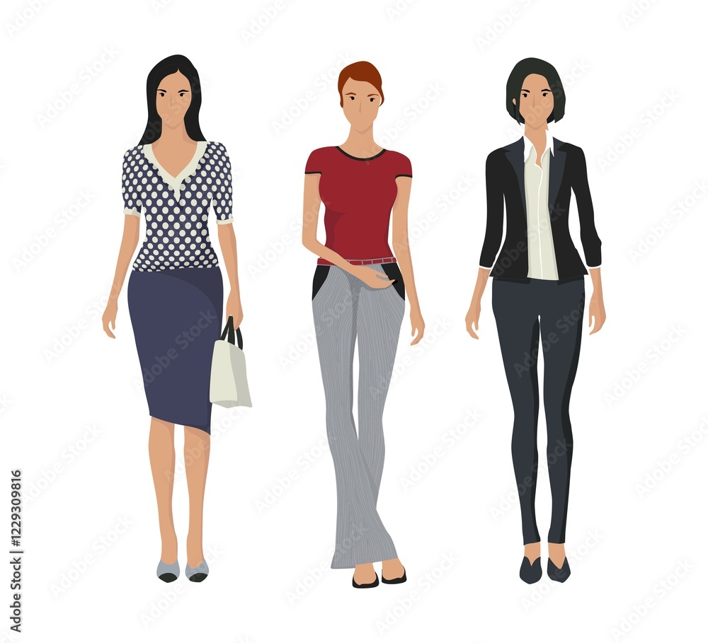 Obraz premium Set of stylish young women dressed in tbusiness, casual, formal clothes. Vector groupped objects over white background