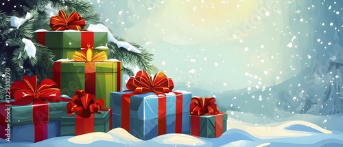 Abstract illustration of wrapped Christmas gifts, shiny ribbons and bows, stacked under a snow-dusted evergreen tree in a snowy outdoor setting, AI generated