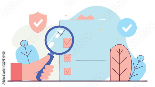 The process of checking documents using a magnifying glass, attention to detail. The concept is related to auditing, certification and document management