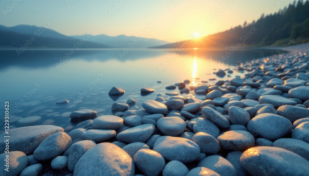 Obraz premium Lake with rocky shore at sunset, a peaceful nature view.