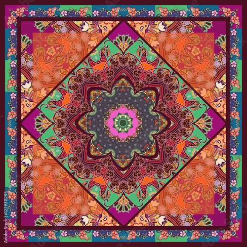 Beautiful square silk scarf with floral mandala on ornamental background. Tapestry, carpet, pillowcase with oriental motifs. Fantasy pattern.