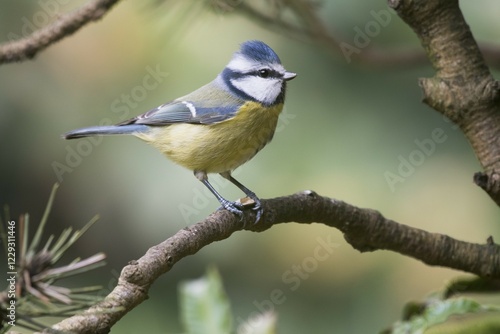 Blue Tit (Parus caeruleus) sitting on branch, Lower Saxony, Germany, Europe photo