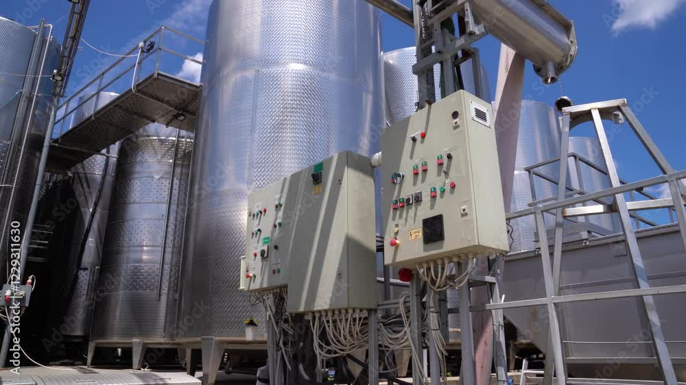A shot of giant modern aluminum wine barrels outside a vineyard factory, featuring a control station with cables and buttons. A shot of giant modern aluminum wine barrels outside a vineyard factory, featuring a control station with cables and buttons.