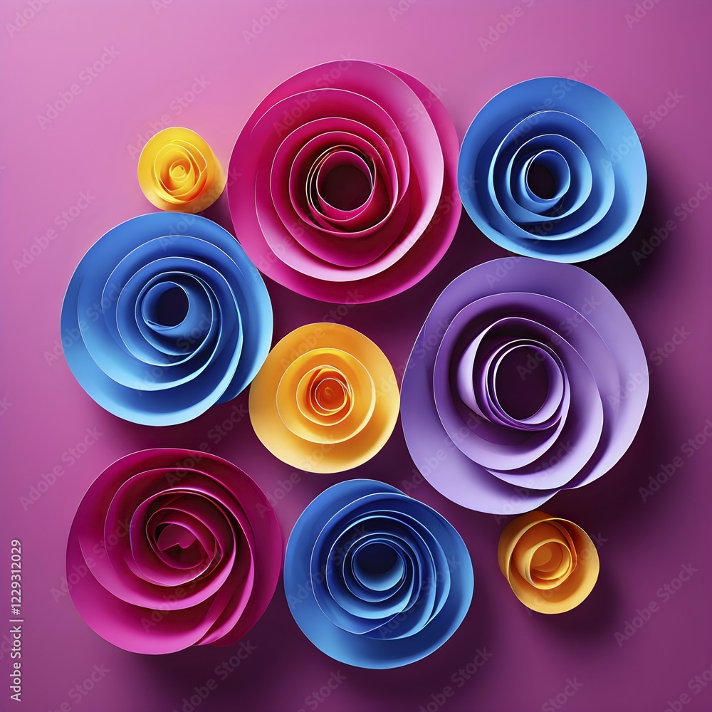 Illustration of abstract geometric flat lay composition of papers in hues of purple yellow magenta and blue, AI generated Illustration of abstract geometric flat lay composition of papers in hues of purple yellow magenta and blue, AI generated
