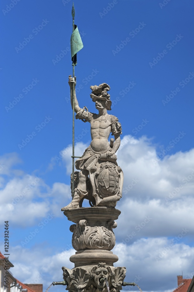 Fototapeta premium Georgsbrunnen, 1590, electoral Saxon coat of arms, Obermarkt, Görlitz, Upper Lusatia, Saxony, Germany, Europe