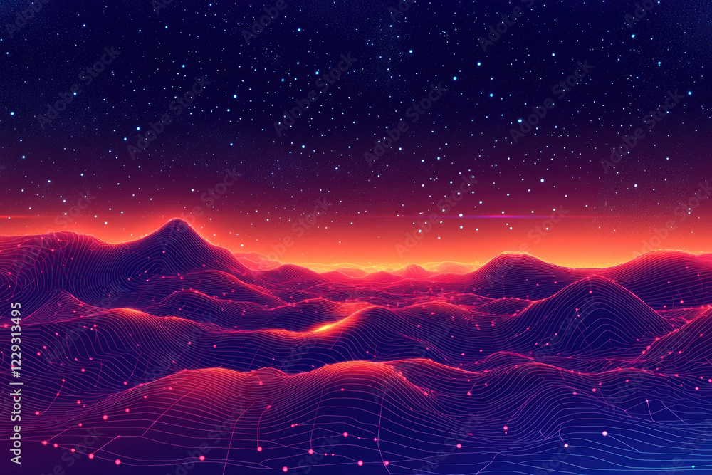 Fototapeta premium Futuristic Digital Landscape at Sunset with Glowing Grid