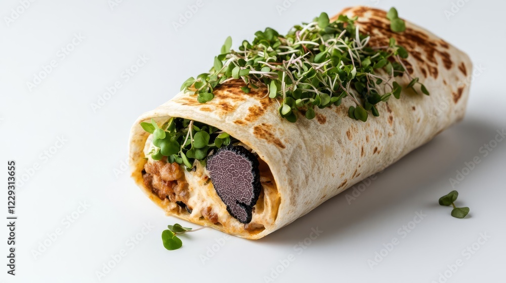 A gourmet burrito with truffle oil and microgreens, luxurious aesthetic, isolated on white background A gourmet burrito with truffle oil and microgreens, luxurious aesthetic, isolated on white background