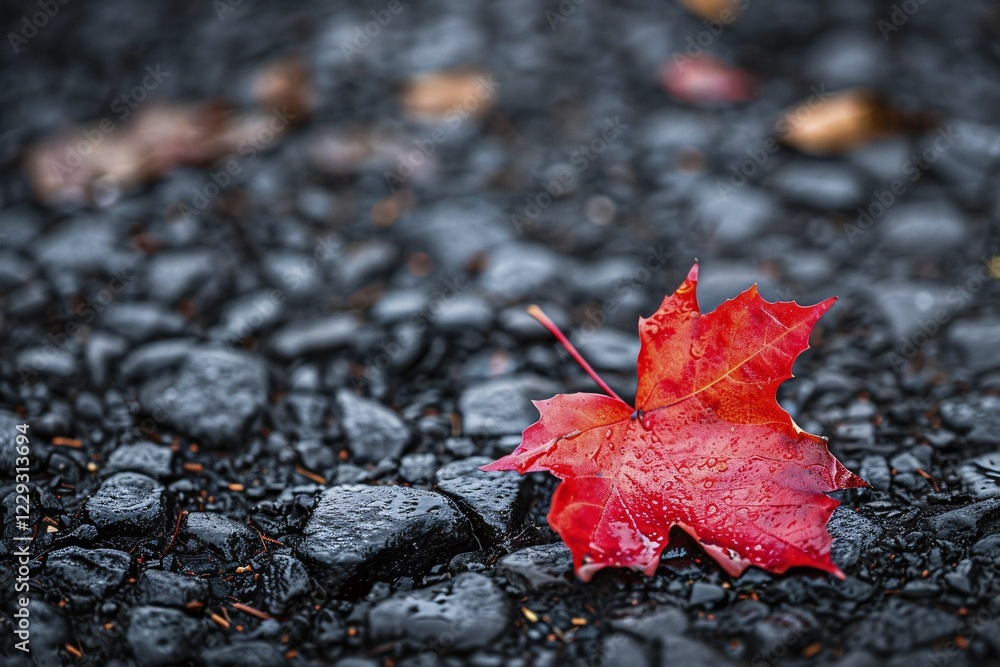 Single bright red maple autumn leaf on black road. Generative Ai, AI generated Single bright red maple autumn leaf on black road. Generative Ai, AI generated