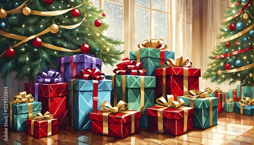 Abstract illustration of wrapped Christmas gifts, shiny ribbons and bows, stacked under a evergreen tree in a cozy living room, AI generated