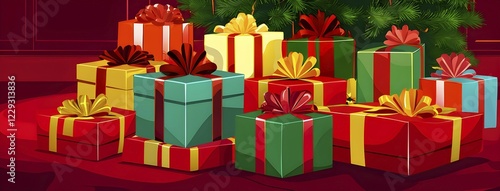 Abstract illustration of wrapped Christmas gifts, shiny ribbons and bows, stacked under a evergreen tree in a cozy living room, AI generated