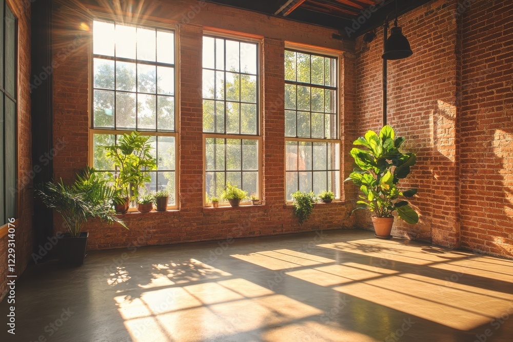 Sunlit loft room with tall brick walls and greenhouse plants, urban living concept Sunlit loft room with tall brick walls and greenhouse plants, urban living concept