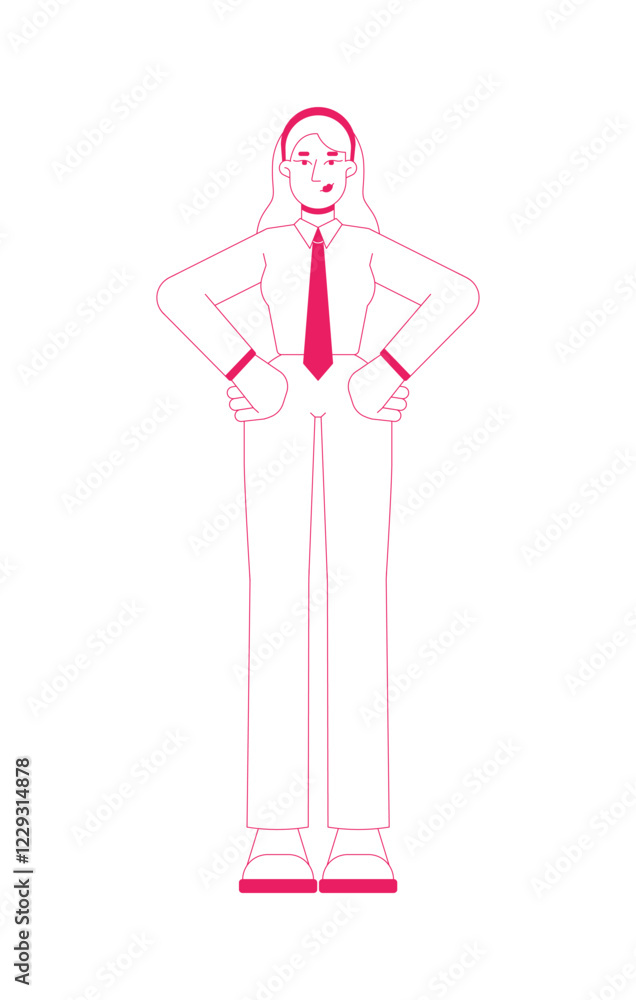 Confident blonde businesswoman in shirt tie 2D outline cartoon character. Female empowerment. Business posture hands on hips isolated person flat vector on white background. Spot illustration colorful Confident blonde businesswoman in shirt tie 2D outline cartoon character. Female empowerment. Business posture hands on hips isolated person flat vector on white background. Spot illustration colorful