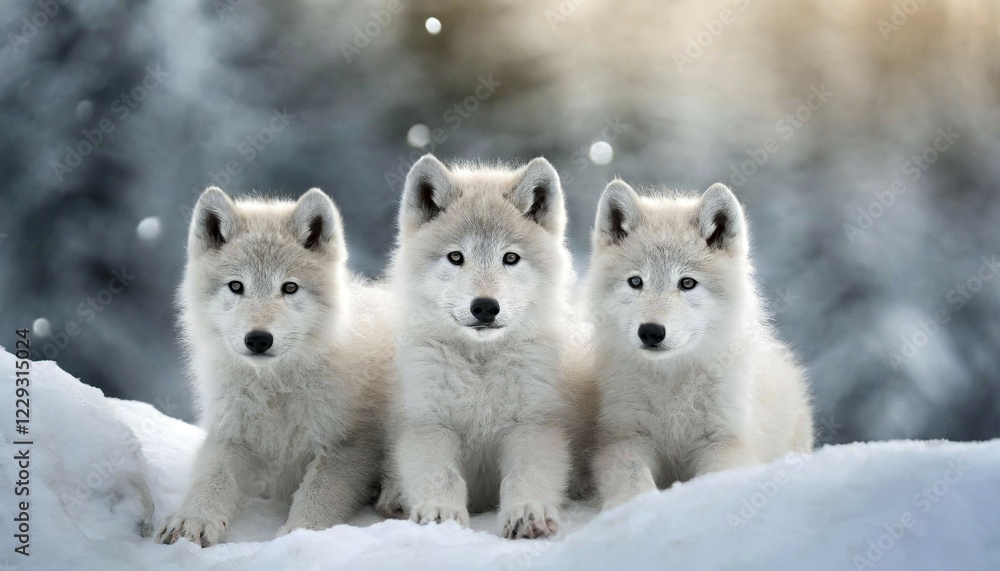 KI generated, Germany, European wolf, animal, animals, mammal, mammals, biotope, habitat, three, cubs, cubs, foraging, wildlife, ice, winter, snow, winter forest, algonquin wolf (Canis lupus lycaon), Bavarian Forest, Germany, Europe