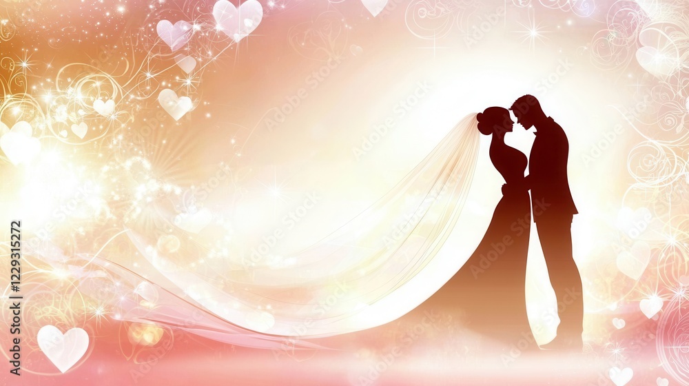 Romantic Silhouette of Bride and Groom Embracing Against Glowing Background with Hearts and Romantic Silhouette of Bride and Groom Embracing Against Glowing Background with Hearts and