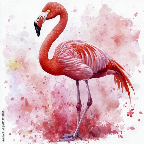 A watercolor-style painting of a pink flamingo with a colorful, splashy background, AI generated