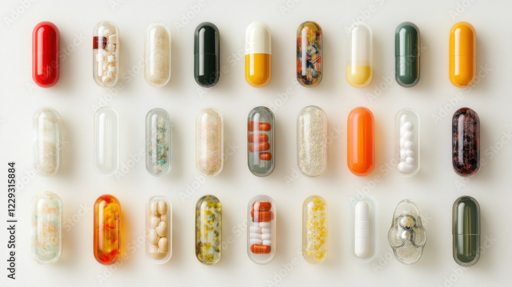 A variety of capsules and pills in different shapes, sizes, and colors A variety of capsules and pills in different shapes, sizes, and colors