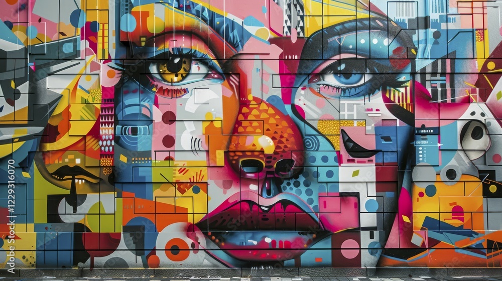 Obraz premium A detailed and colorful mural featuring a face with geometric patterns and vibrant abstract elements, AI generated