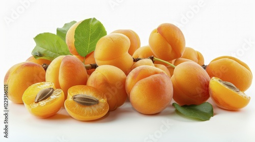 Wallpaper Mural Cluster of apricots with green leaves, some sliced open, on a white background, AI generated Torontodigital.ca