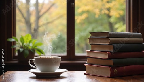 Steaming coffee and books on table by window