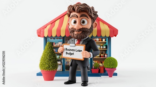 Cartoon Character Holding Business Loan Budget Near Storefront