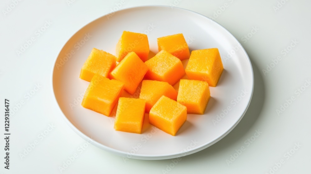 A minimalist plate of fresh cantaloupe cubes, neatly arranged in a simple pattern on a plain white ceramic plate, Cantaloupe cubes centered A minimalist plate of fresh cantaloupe cubes, neatly arranged in a simple pattern on a plain white ceramic plate, Cantaloupe cubes centered