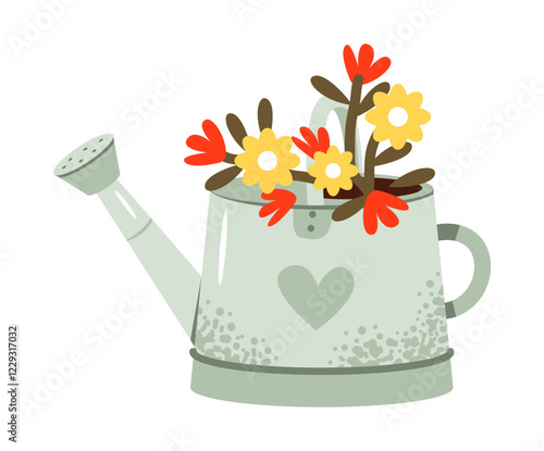 Watering can with fresh spring flowers. Gardening, and the beauty of blooming nature. Flat vector illustration.