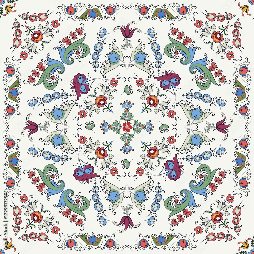 Naklejka premium Rosemaling tile, traditional Norwegian decorative pattern. Vector illustration