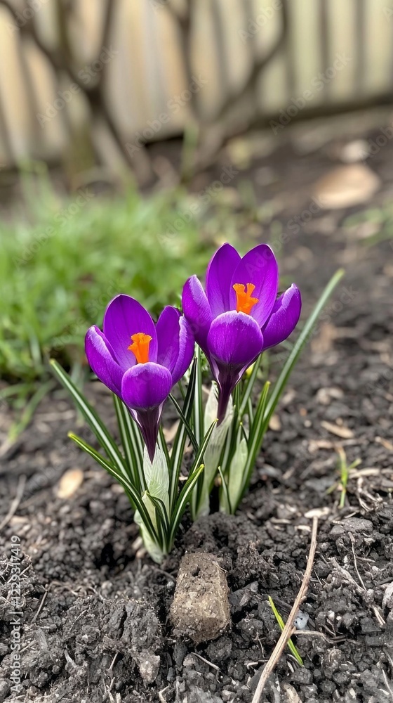 Two purple flowers with orange centers are in a dirt patch Two purple flowers with orange centers are in a dirt patch
