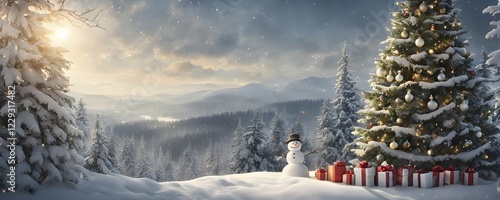 Peaceful and serene Christmas scene with a decorated Christmas tree with gifts presents and a cute snowman in a snowy forest, AI generated