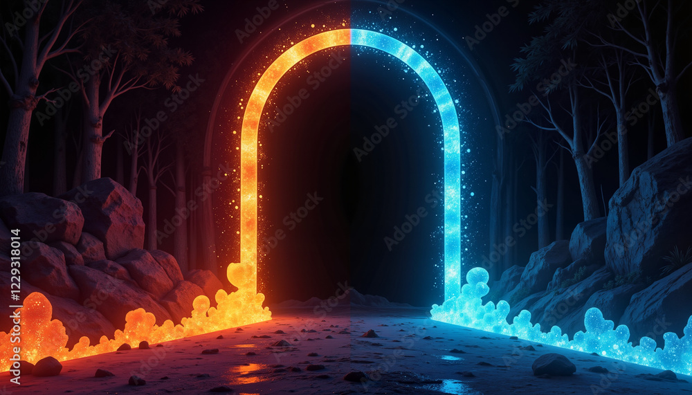 Radiant archway leading into darkness, surreal illumination Radiant archway leading into darkness, surreal illumination