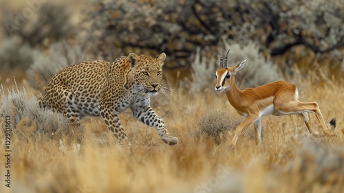 Leopard (Panthera pardus) in natural environment hunting a gazelle, AI generated photo