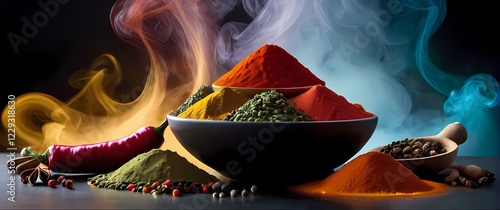 A creative blend of kitchen spices arranged in splendid colors for culinary delights photo