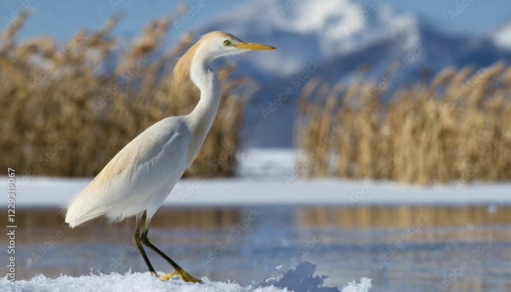 KI generated, animal, animals, bird, birds, biotope, habitat, one, individual, water, reed, snow, ice, winter, blue sky, foraging, wildlife, seasons, cattle egret (Bubulcus ibis)