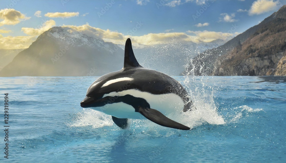 Fototapeta premium AI generated, animal, animals, mammal, mammals, biotope, habitat, one, individual animal, foraging, orca, orcas, killer whale, killer whales, live in all oceans, tropics, Antarctica, whale, killer whale, killer whale, killer whale, killer whale family, (Delphinidae), killer whale (Orcinus orca), Antarctica