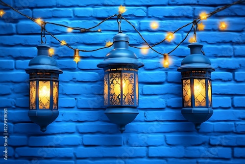 Blue Lanterns with String Lights on Brick Wall photo