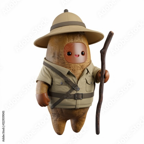 Cute explorer character, a charming 3D render of a potato-like creature in explorer attire photo