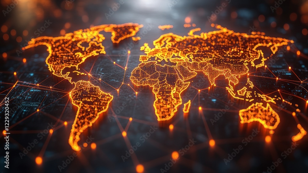 Global network connection, digital map, glowing, dark background, tech presentation Global network connection, digital map, glowing, dark background, tech presentation