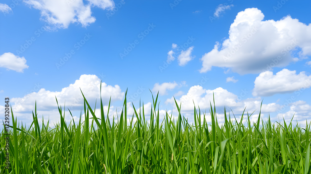 Fototapeta premium Green grass and blue sky with white clouds