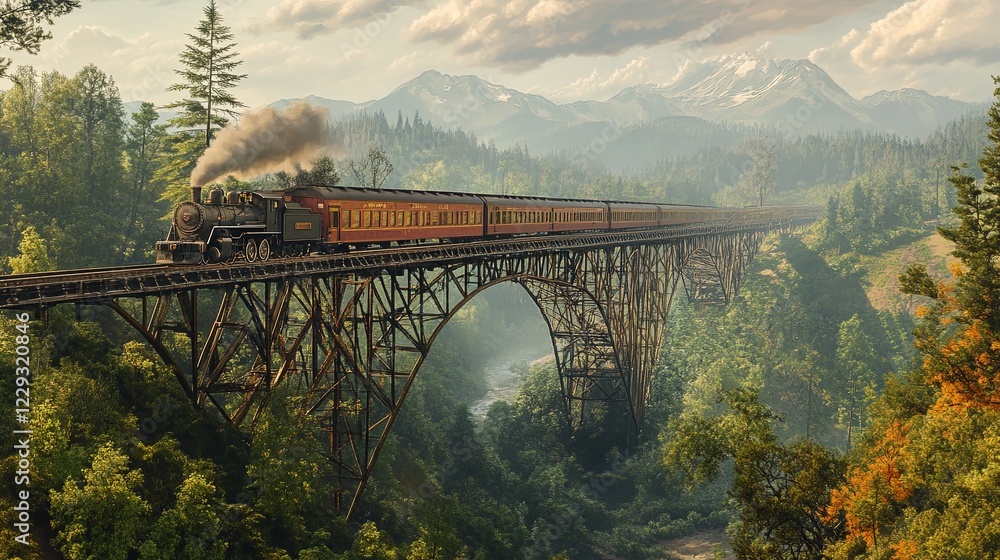 Fototapeta premium A train passing over a steel bridge with a scenic view of hills and trees picture