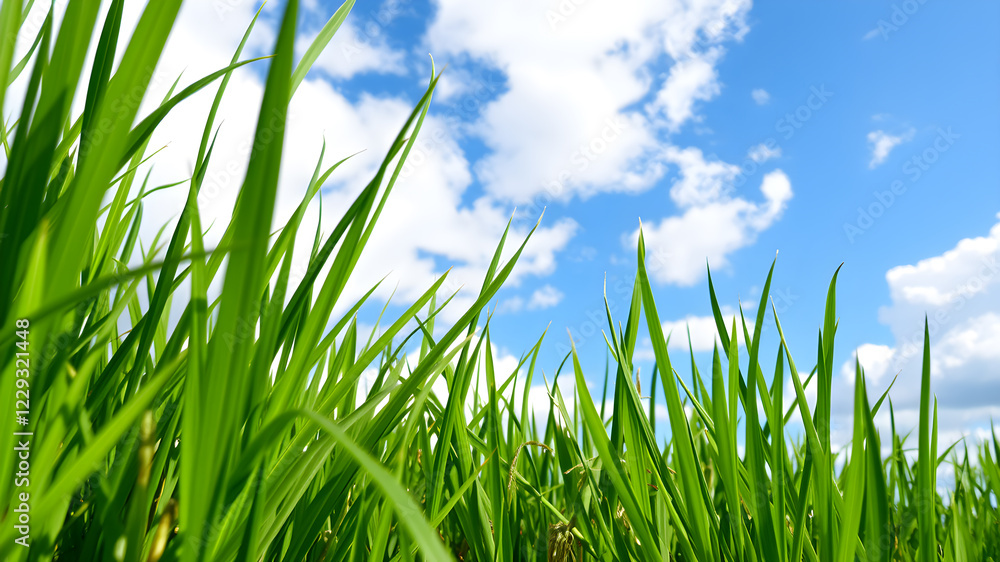 Obraz premium Green grass and blue sky with white clouds