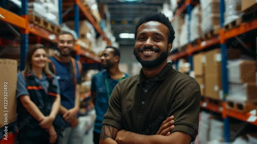 A group of warehouse workers smiling at the camera, representing teamwork, logistics, and social welfare in a professional setting. A group of warehouse workers smiling at the camera, representing teamwork, logistics, and social welfare in a professional setting.