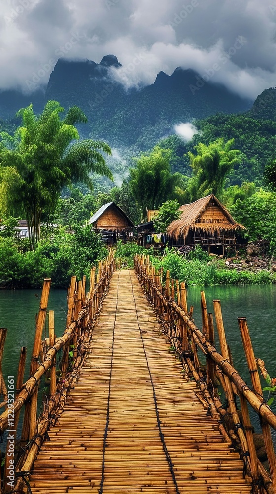 A tranquil bamboo walkway leading to a remote Thai village. picture A tranquil bamboo walkway leading to a remote Thai village. picture